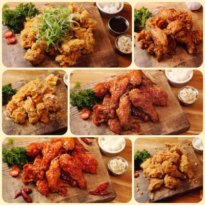 Six signature Korean fried chicken dishes from The Fry on wooden boards